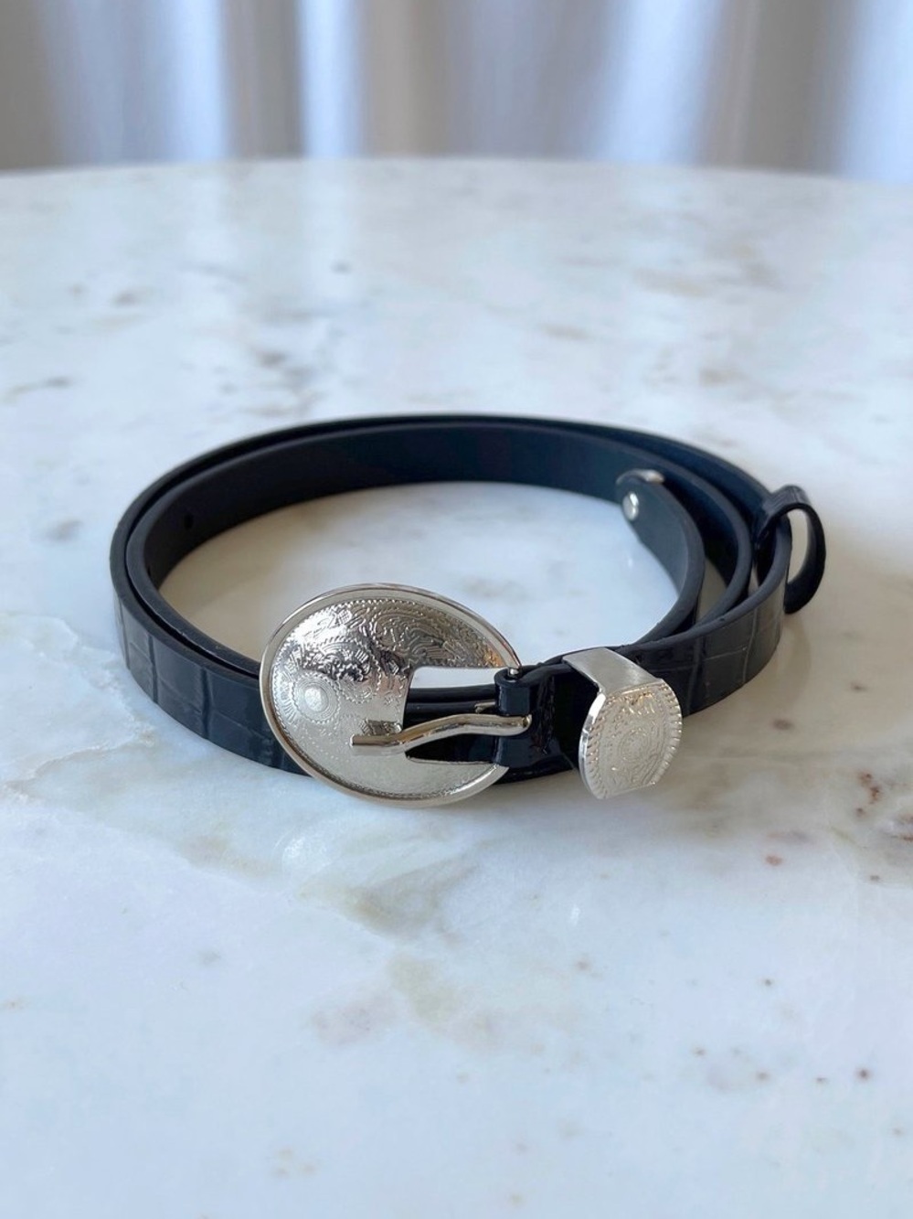 Rachel Comey Western Belt Black Croc Embossed Leather – Size Small